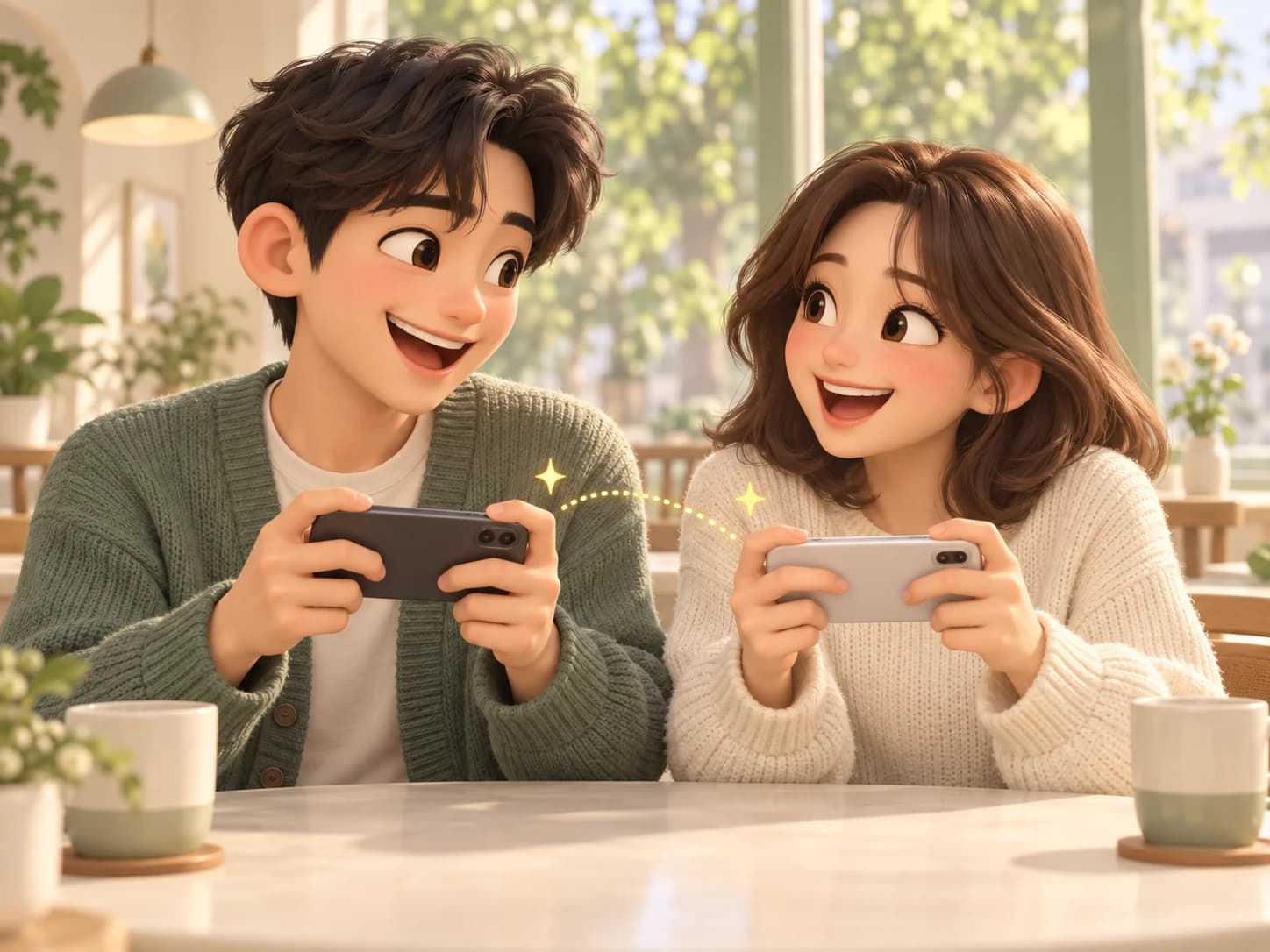 Two friends laughing while playing on their phones